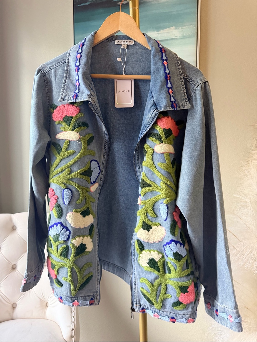 NWT Adore XL Embroidered Zip Front Denim Jacket Floral Statement Blue Boho - Picture 14 of 15